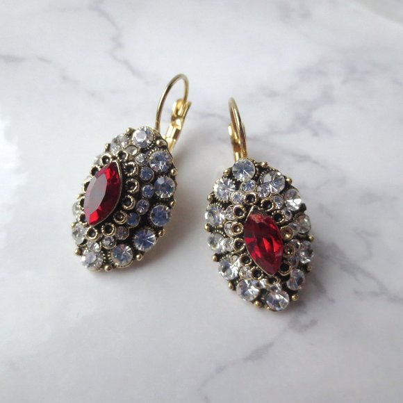 Vintage Look Faux Gold Ruby and Diamanté Sleeper Earrings - Picture 1 of 5